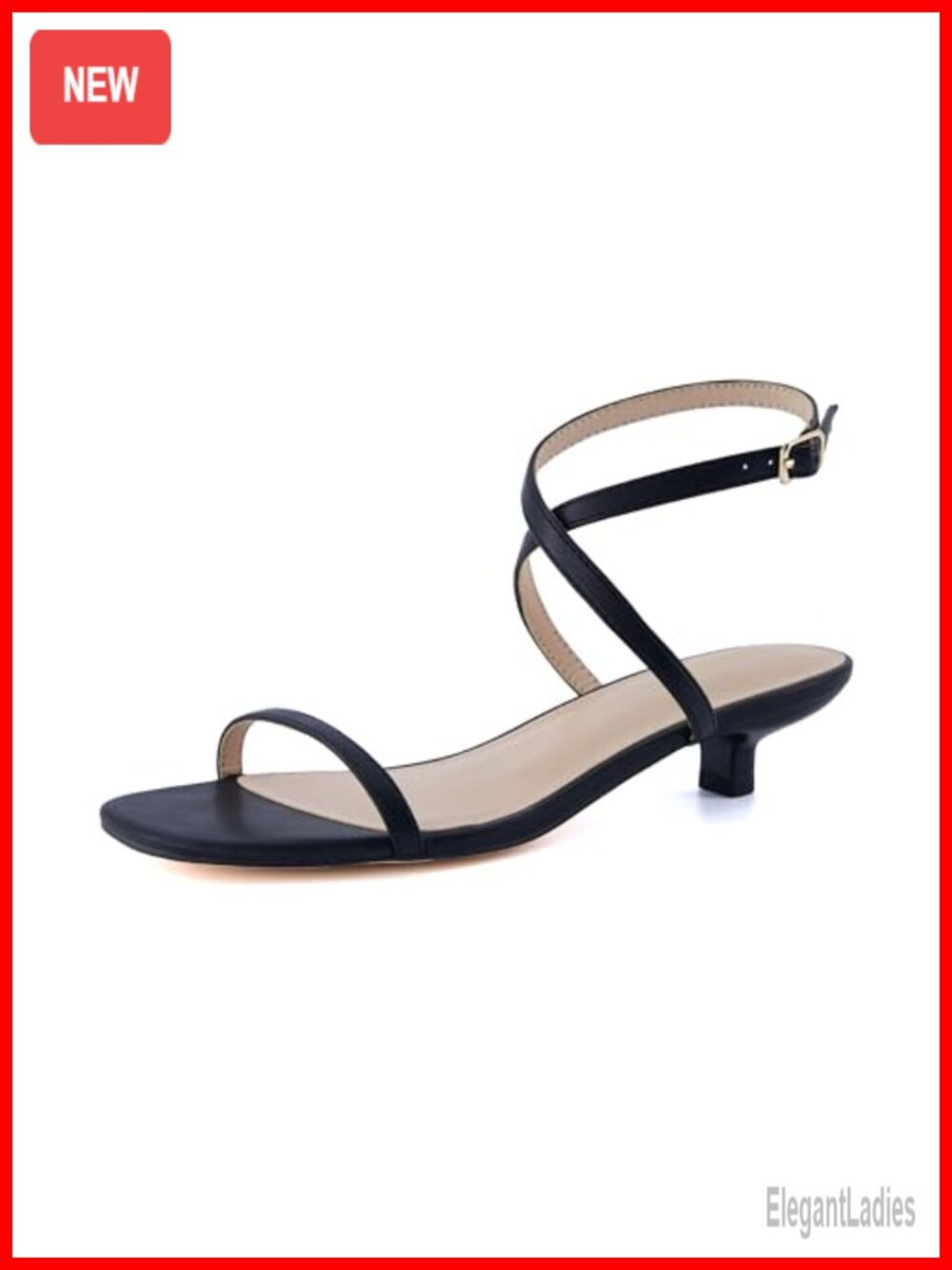 Faux Leather One Band Kitten Heel Sandal with Ankle Wrap Adjustable Buckle